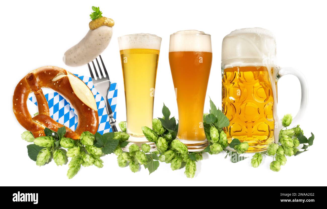 Oktoberfest food with beer, pretzels and sausage - Panorama beer mug with hops Stock Photo