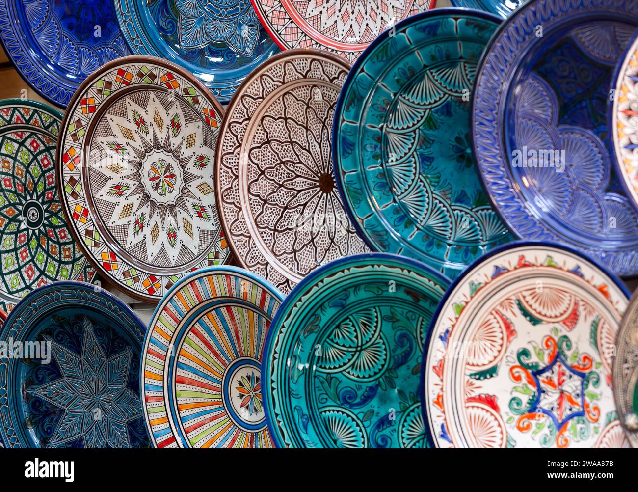 Beautiful and colorful ceramic plates for sale in Marrakech, Morocco. Stock Photo