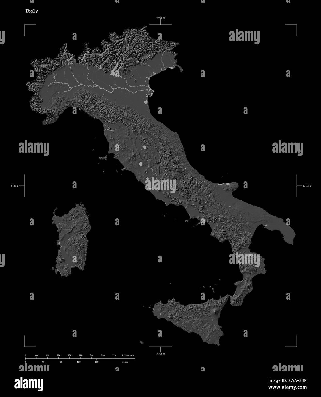 Shape of a Bilevel elevation map with lakes and rivers of the Italy, with distance scale and map border coordinates, isolated on black Stock Photo