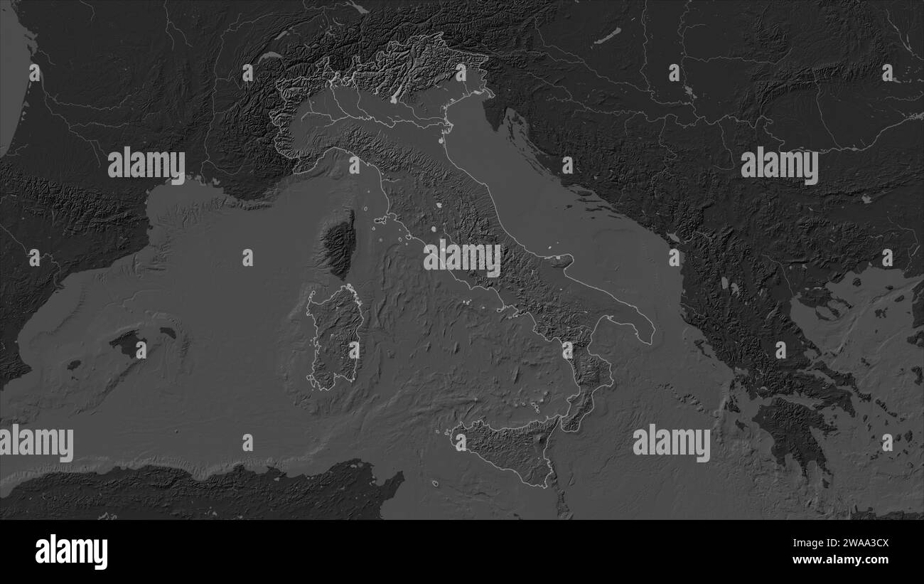 Italy highlighted on a Bilevel elevation map with lakes and rivers Stock Photo