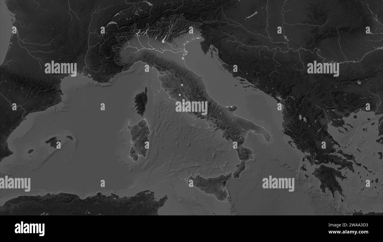 Italy highlighted on a Grayscale elevation map with lakes and rivers Stock Photo