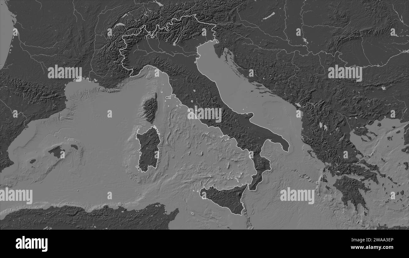Italy outlined on a Bilevel elevation map with lakes and rivers Stock Photo