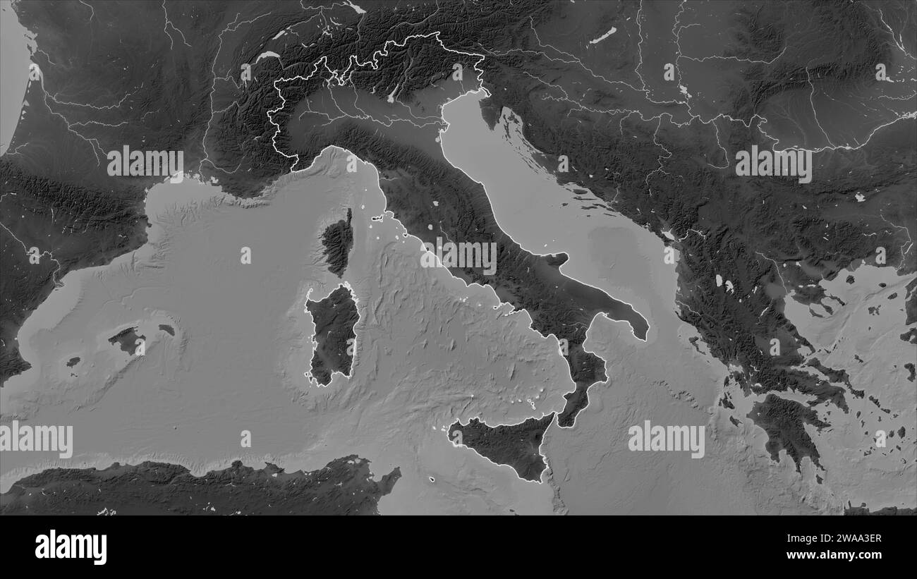 Italy outlined on a Grayscale elevation map with lakes and rivers Stock Photo