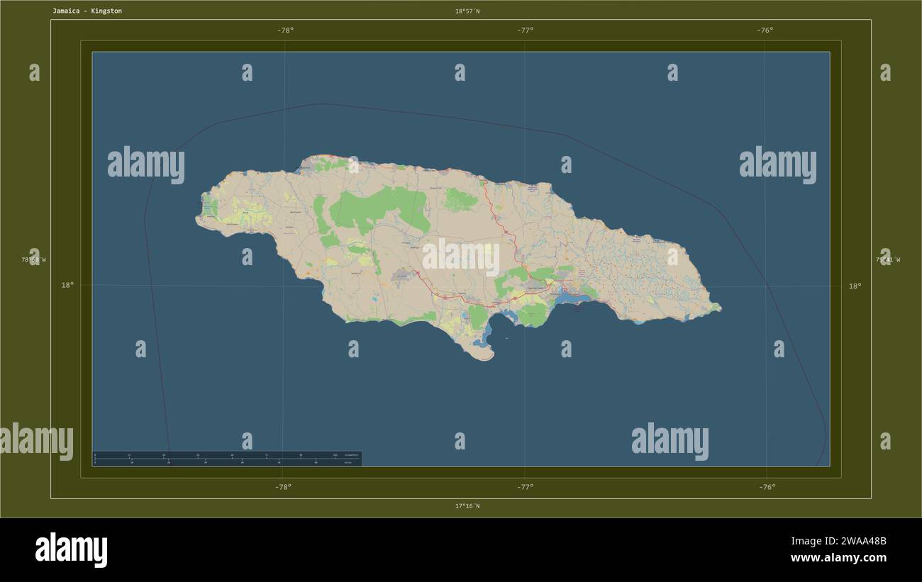 Jamaica highlighted on a topographic, OSM standard style map map with