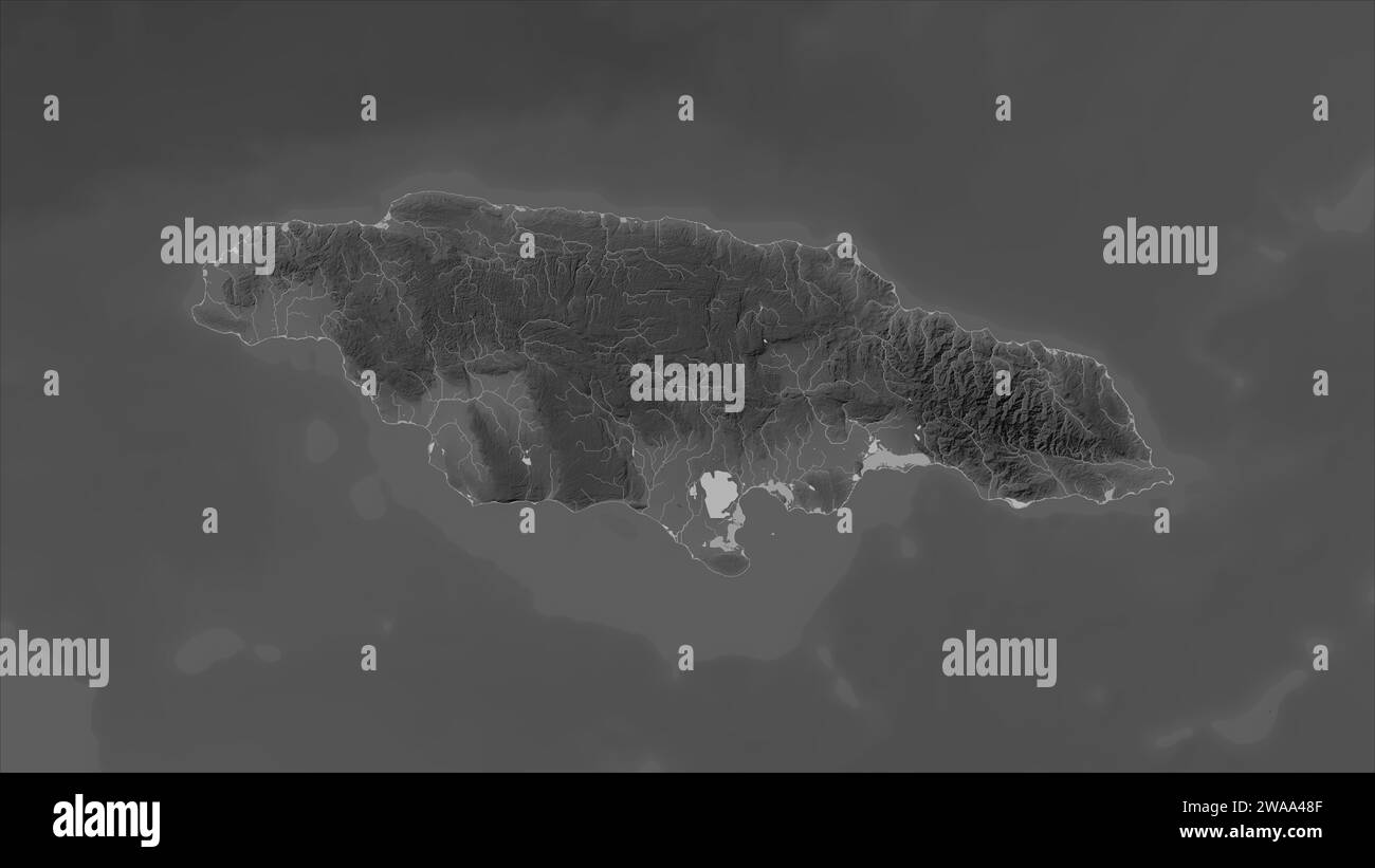 Jamaica highlighted on a Grayscale elevation map with lakes and rivers