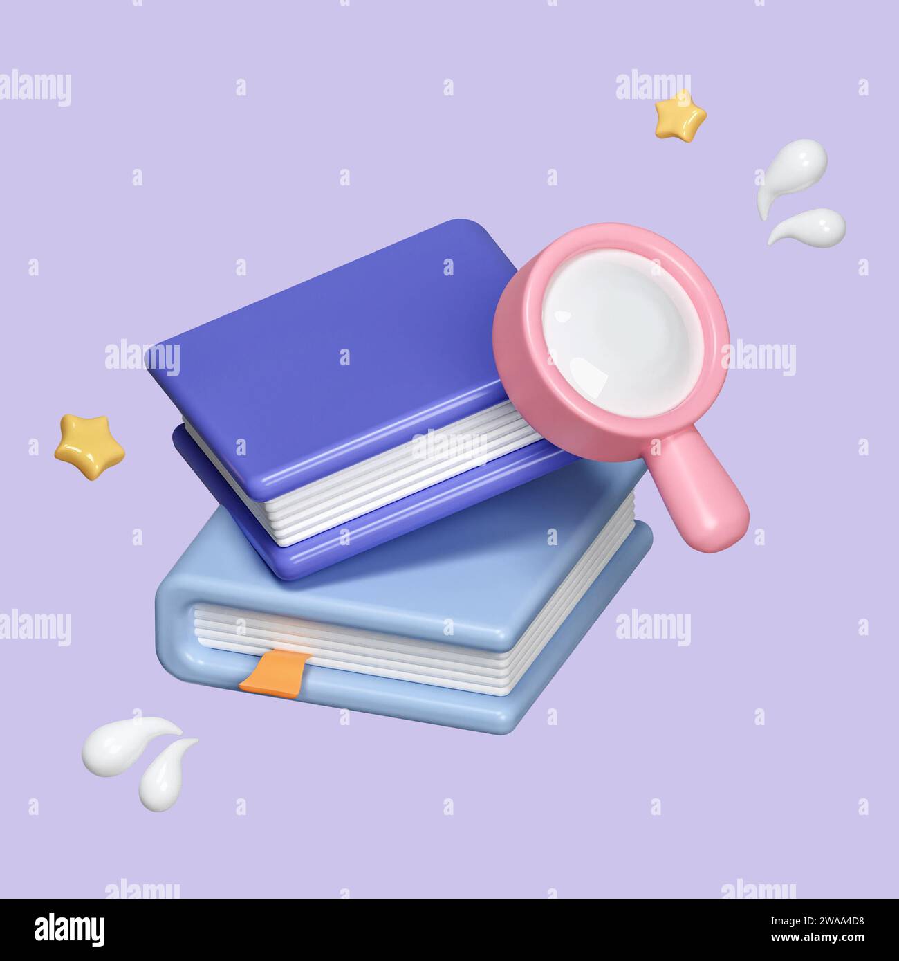 3d search knowledge icon. Magnifying glass with stack of book, isolated ...