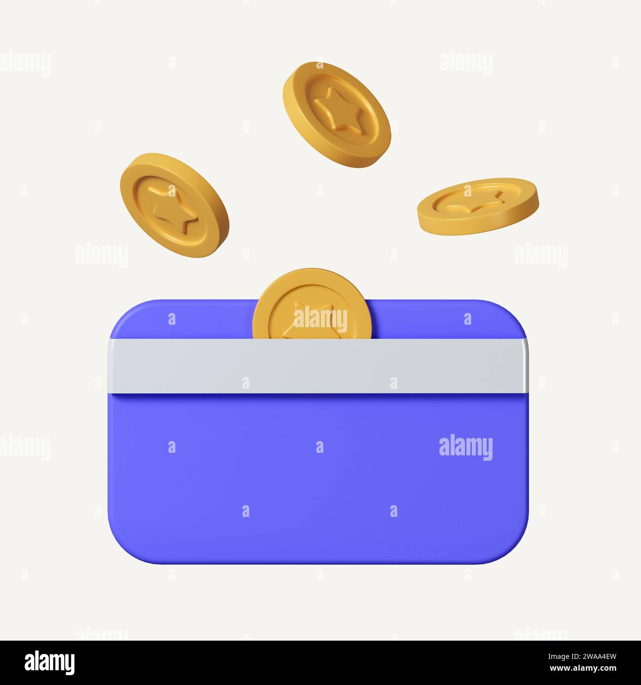 Credit card, floating coins around on isolated on white background. money-saving, cashless society concept. 3d icon rendering illustration. Clipping Stock Photo