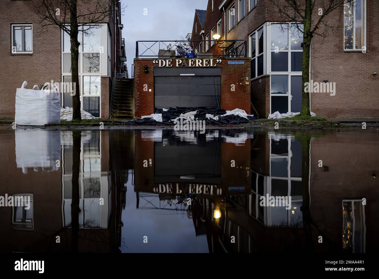 Hoorn, Netherlands. 03rd Jan, 2024. HOORN Sandbags in a flooded