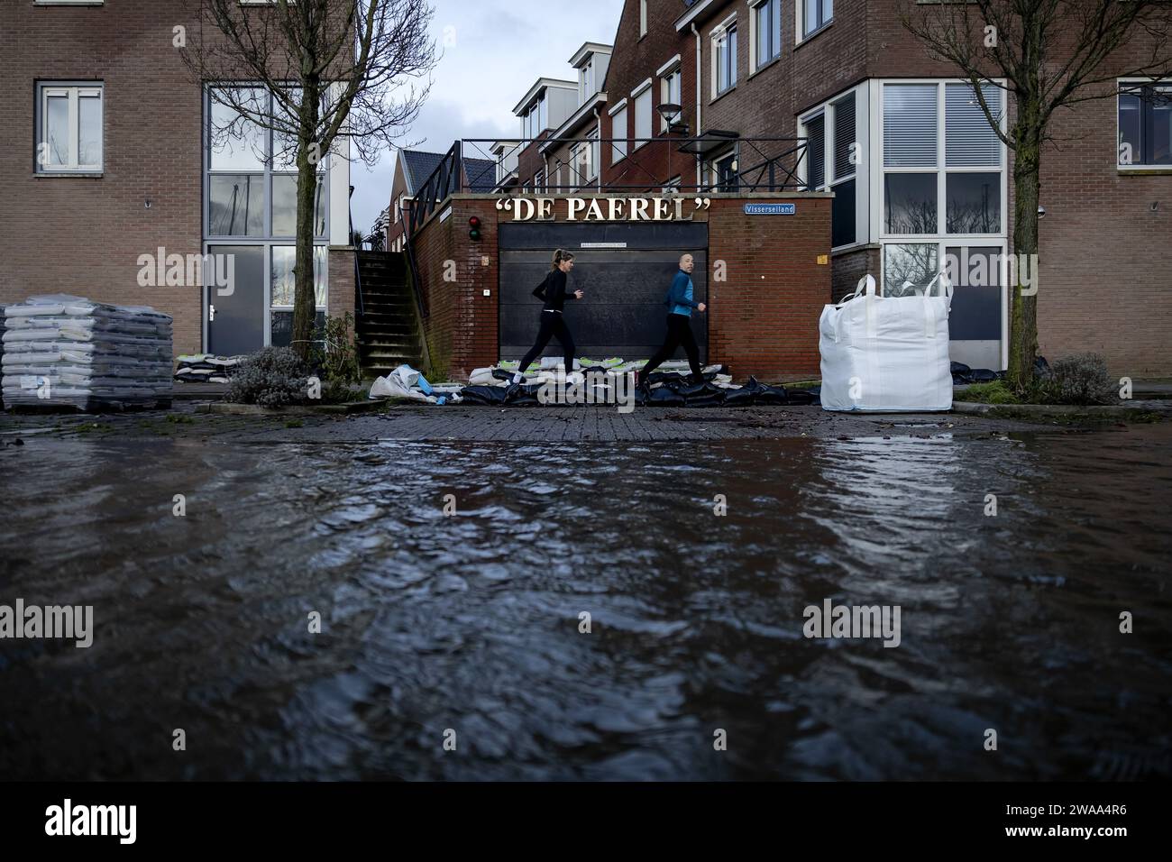 Hoorn, Netherlands. 03rd Jan, 2024. HOORN Sandbags in a flooded