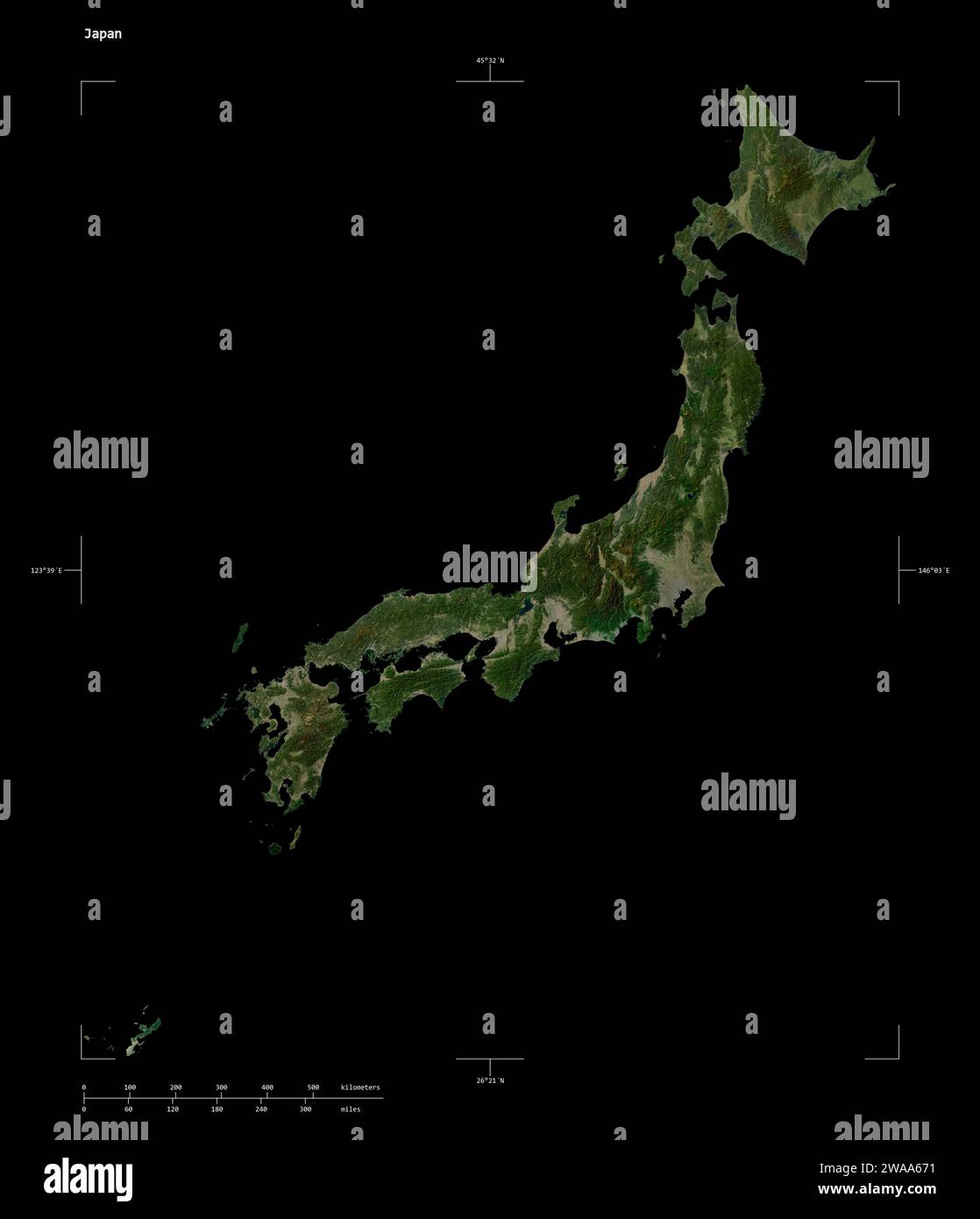 Shape of a low resolution satellite map of the Japan, with distance ...