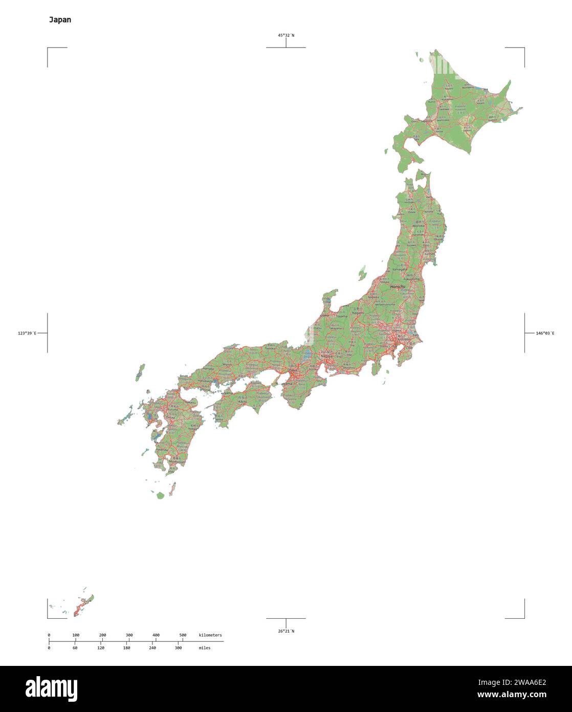 Shape of a topographic, OSM Germany style map of the Japan, with ...