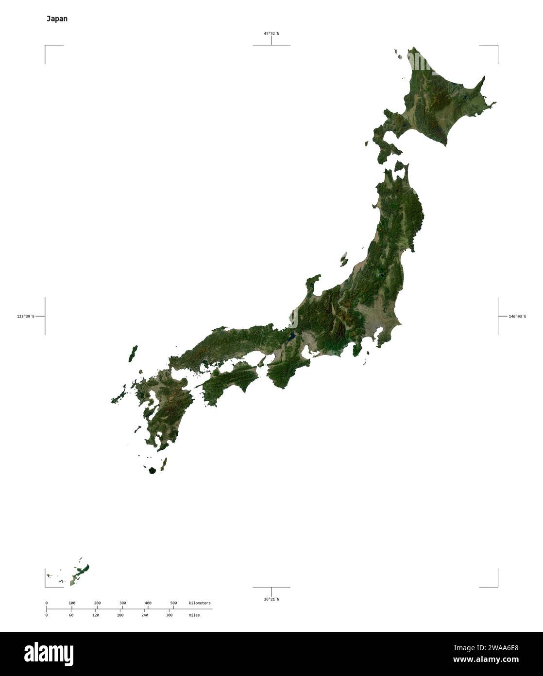 Shape of a low resolution satellite map of the Japan, with distance scale and map border