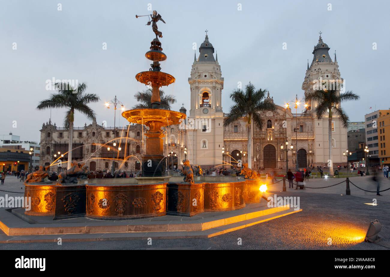 Main Square or Plaza Mayor or Plaza de Armas of Lima in the Historic Center of town, surrounded by colonial buildings. Stock Photo