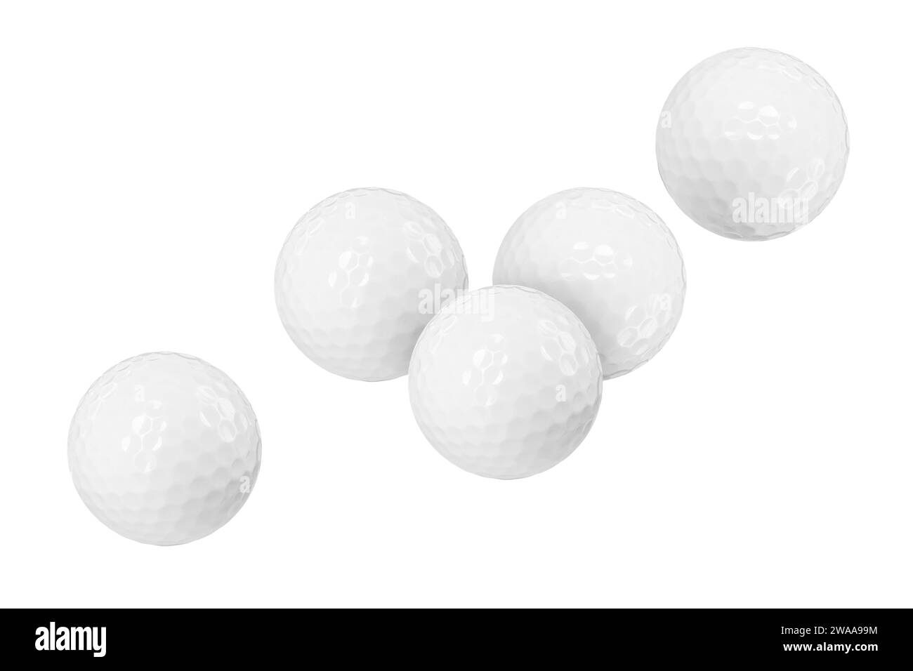Many golf balls flying on white background Stock Photo