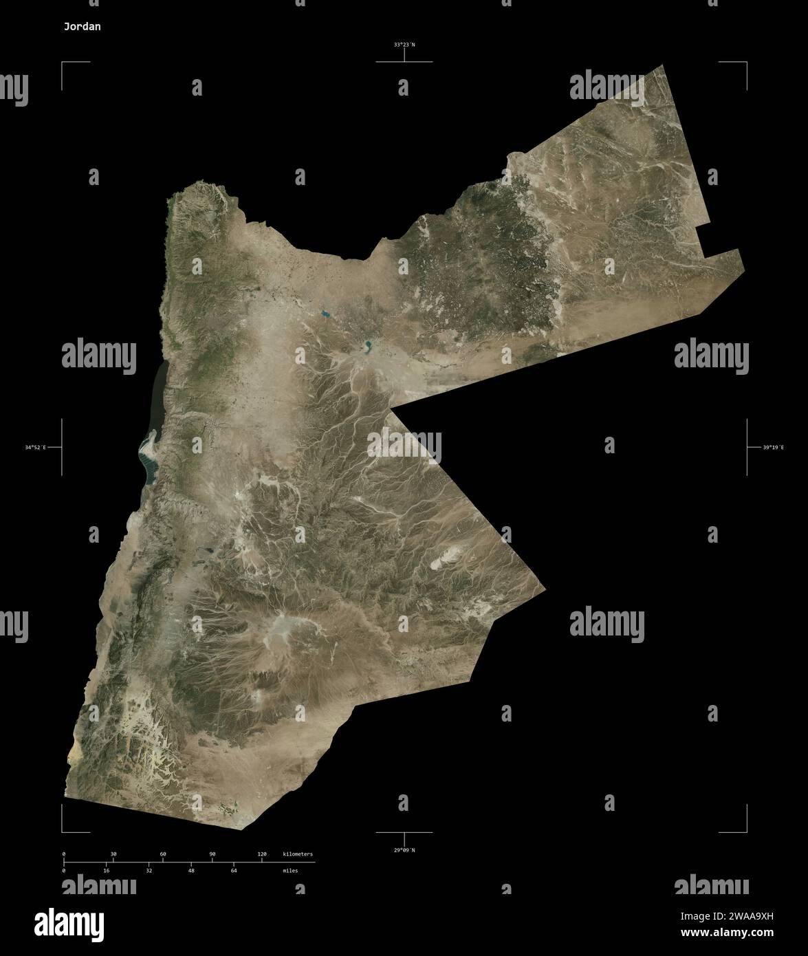 Shape of a high resolution satellite map of the Jordan, with distance ...