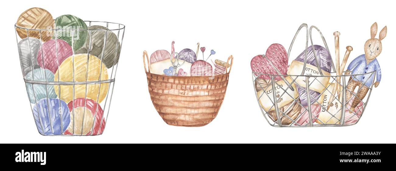 Hand-drawn watercolor knitting elements in the basket illustration set ...