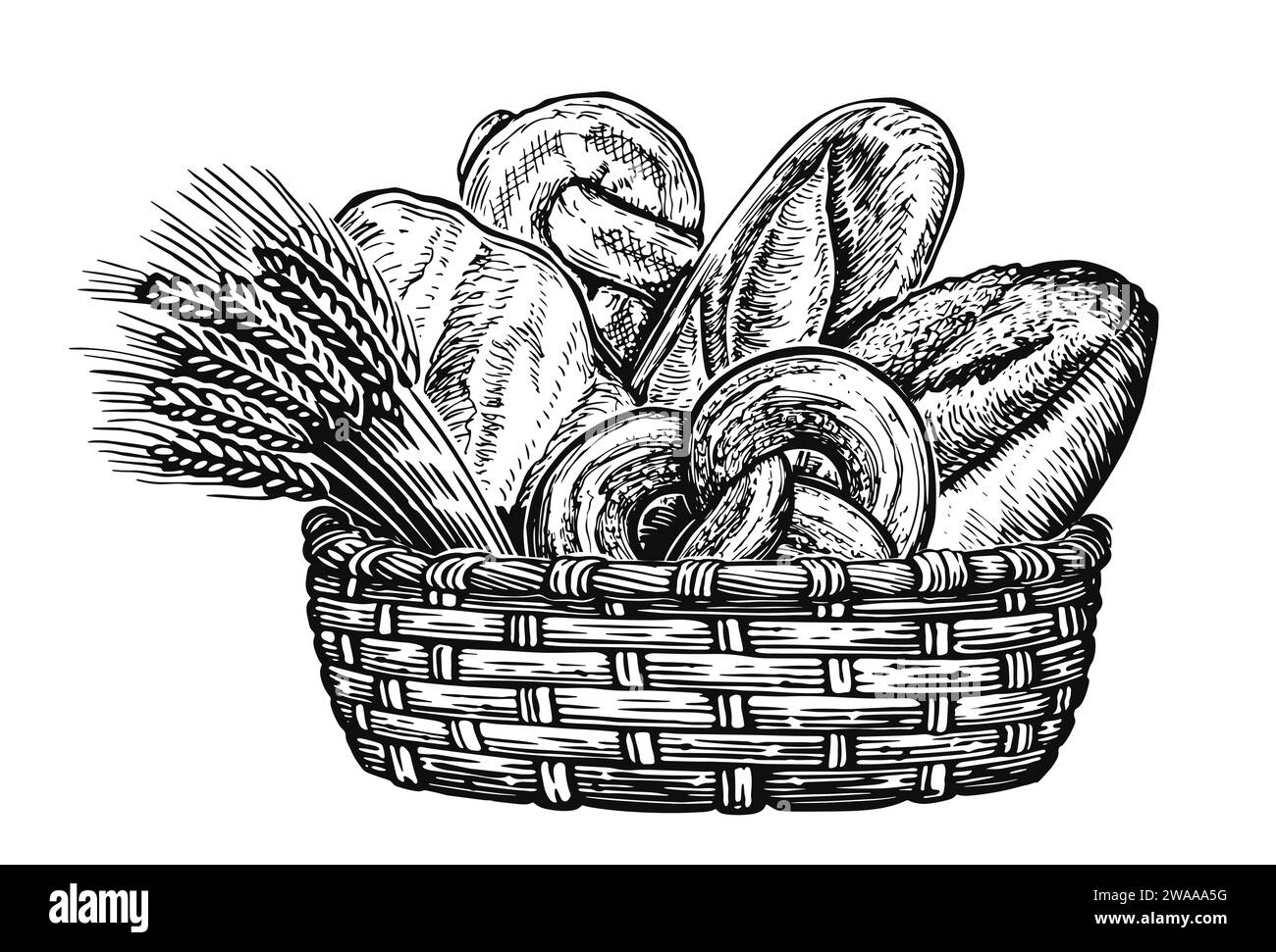 Basket full of baked goods, vintage style engraving. Bread and pastry
