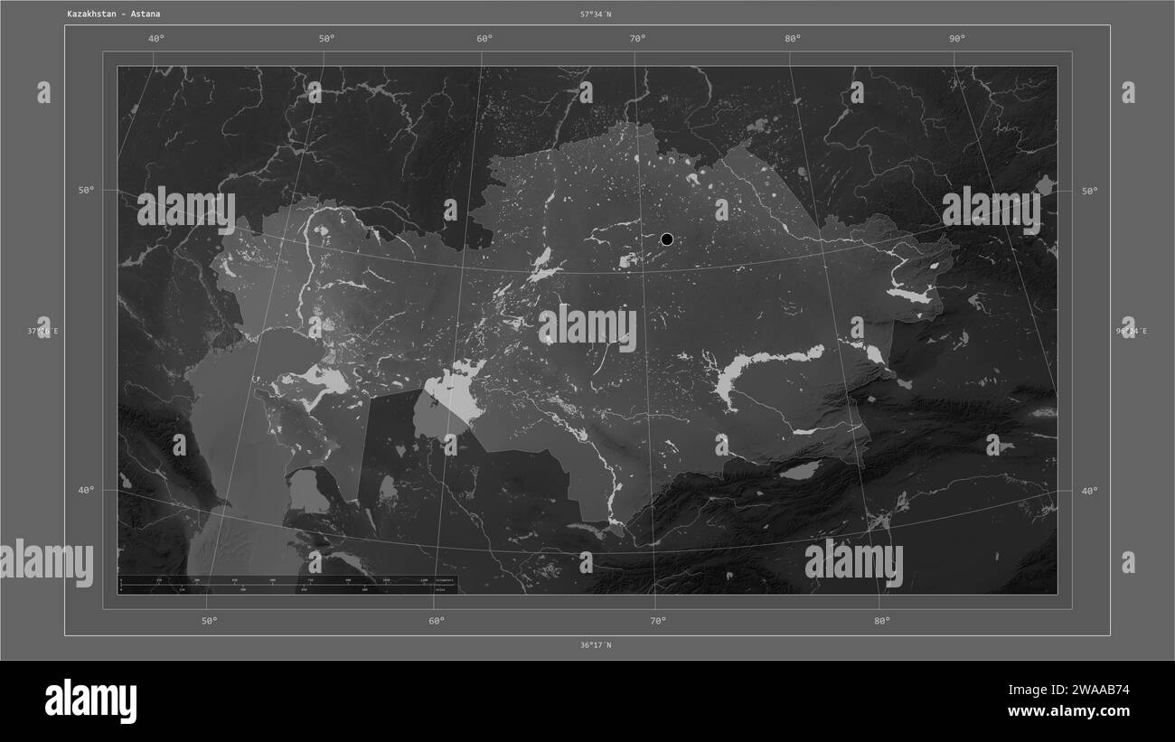 Kazakhstan highlighted on a Grayscale elevation map with lakes and ...