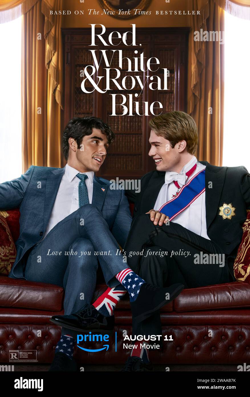 Red, White & Royal Blue (2023) directed by Matthew López and starring Taylor Zakhar Perez, Nicholas Galitzine and Uma Thurman. When the feud between the son of the American President and Britain's prince threatens to drive a wedge in U.S./British relations, the two are forced into a staged truce that sparks something deeper. Adaptation of Casey McQuiston's novel. Stock Photo