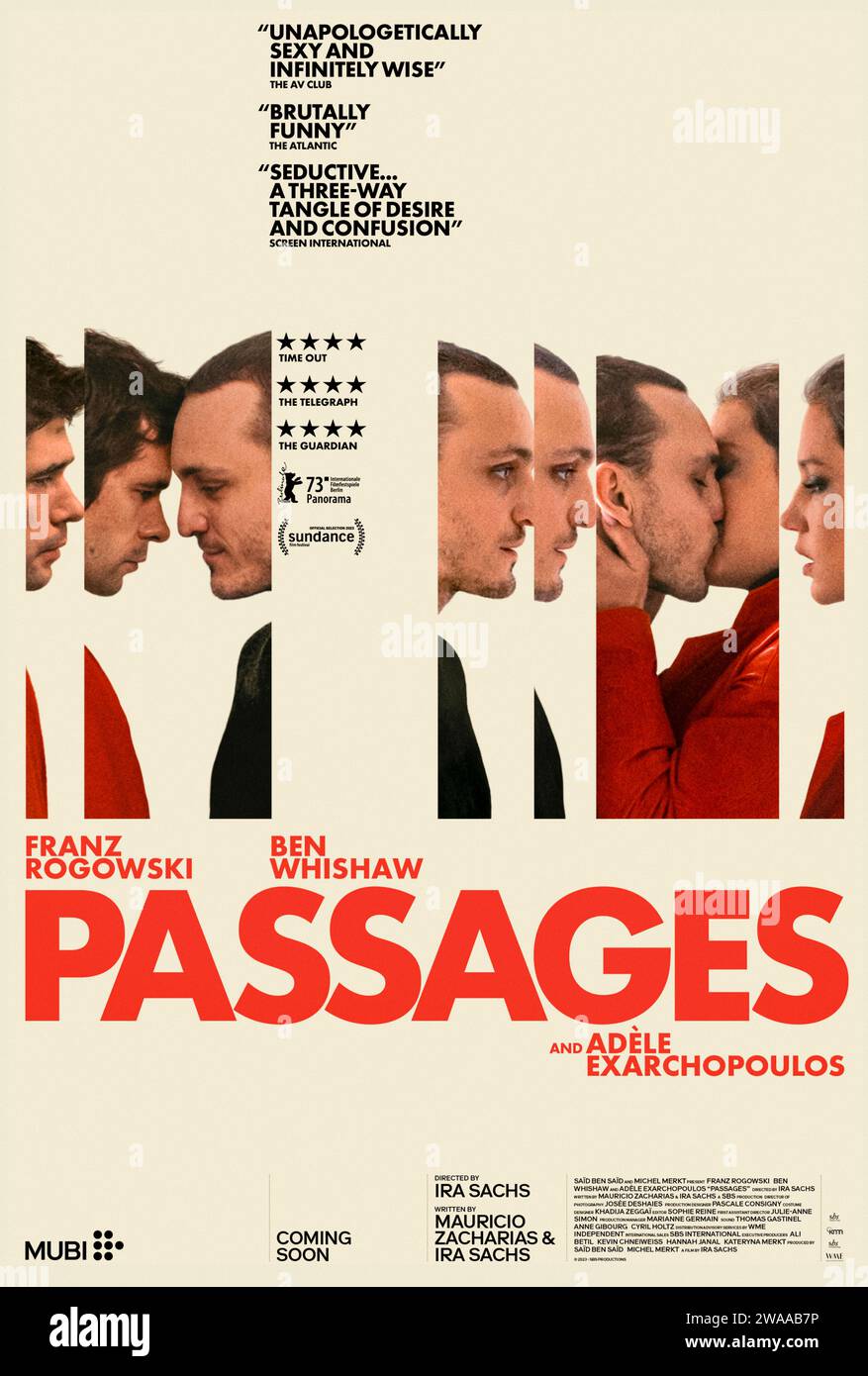 Passages (2023) directed by Ira Sachs and starring Franz Rogowski, Ben Whishaw and Adèle Exarchopoulos. A gay couple's marriage is thrown into crisis when one of them impulsively begins a passionate affair with a young woman. US one sheet poster ***EDITORIAL USE ONLY***. Credit: BFA / Mubi Stock Photo