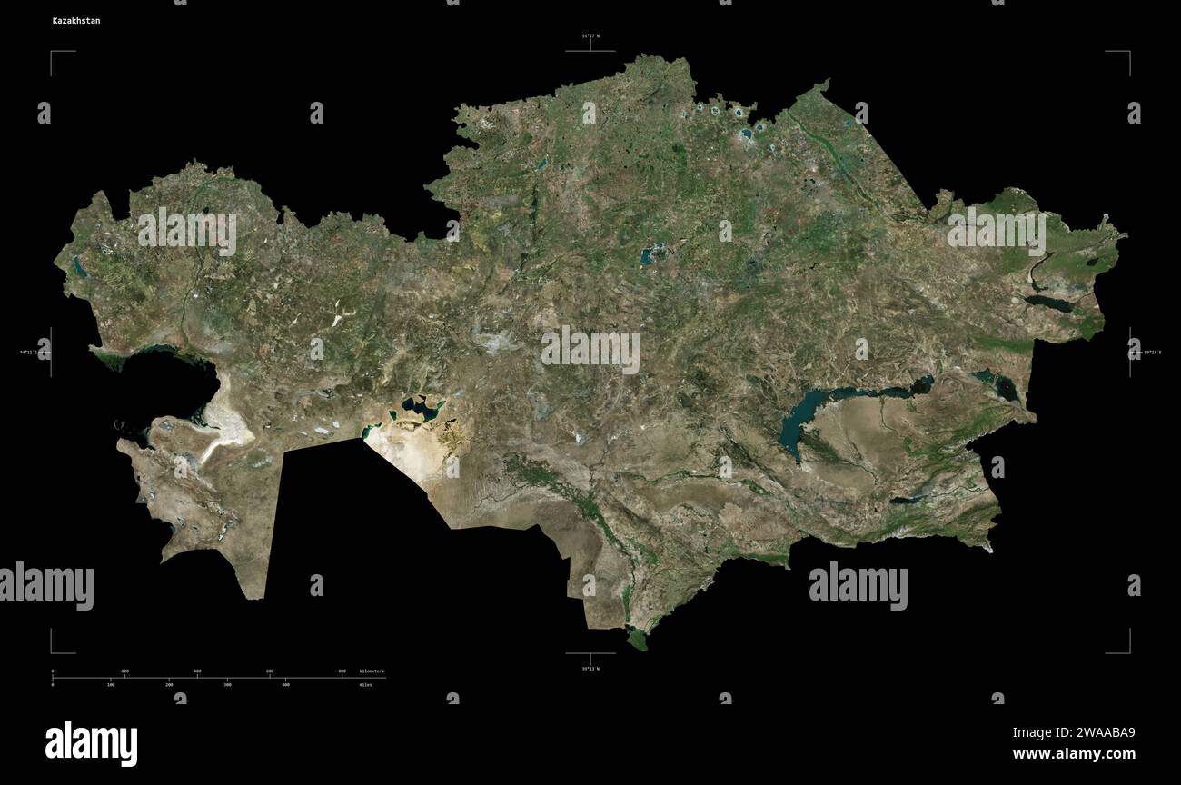 Kazakhstan map solid border satellite - Shape Of A High Resolution Satellite Map Of The Kazakhstan With Distance Scale And Map Border Coordinates Isolated On Black 2WAABA9