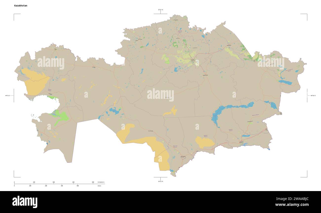 Shape of a topographic, OSM standard style map of the Kazakhstan, with ...