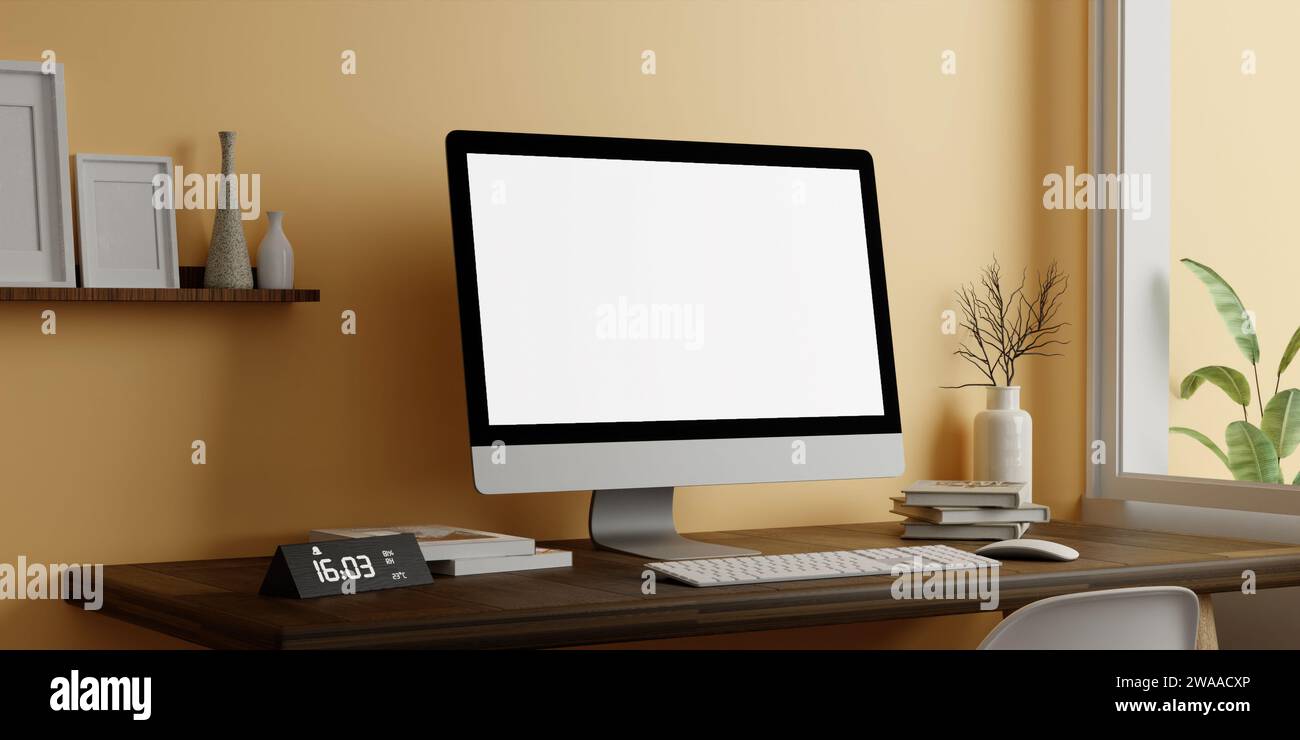 A modern PC computer blank screen mockup is on a table in a modern minimal home office. 3d render illustration Stock Photo