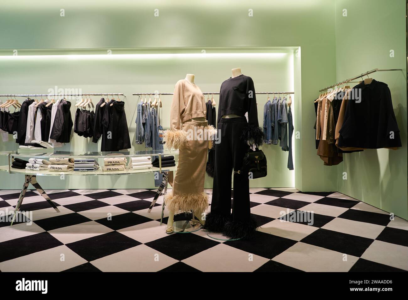 SINGAPORE NOVEMBER 05, 2023 clothes displayed inside Prada boutique