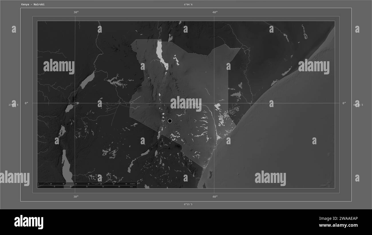 Kenya highlighted on a Grayscale elevation map with lakes and rivers ...