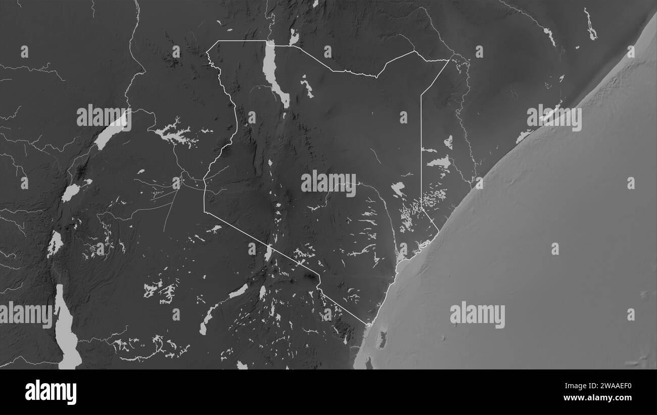 Kenya outlined on a Grayscale elevation map with lakes and rivers Stock ...