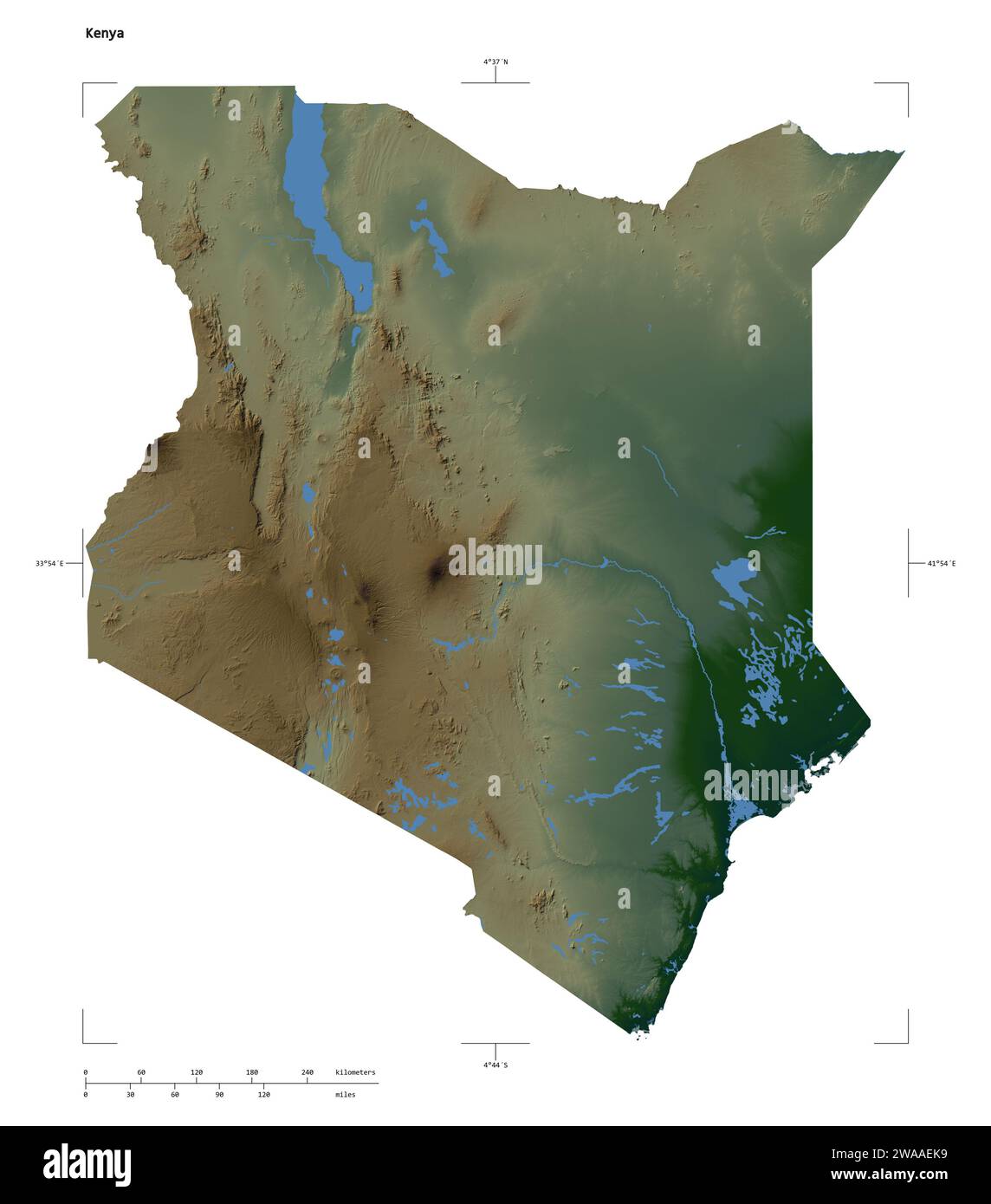 Shape of a Colored elevation map with lakes and rivers of the Kenya ...