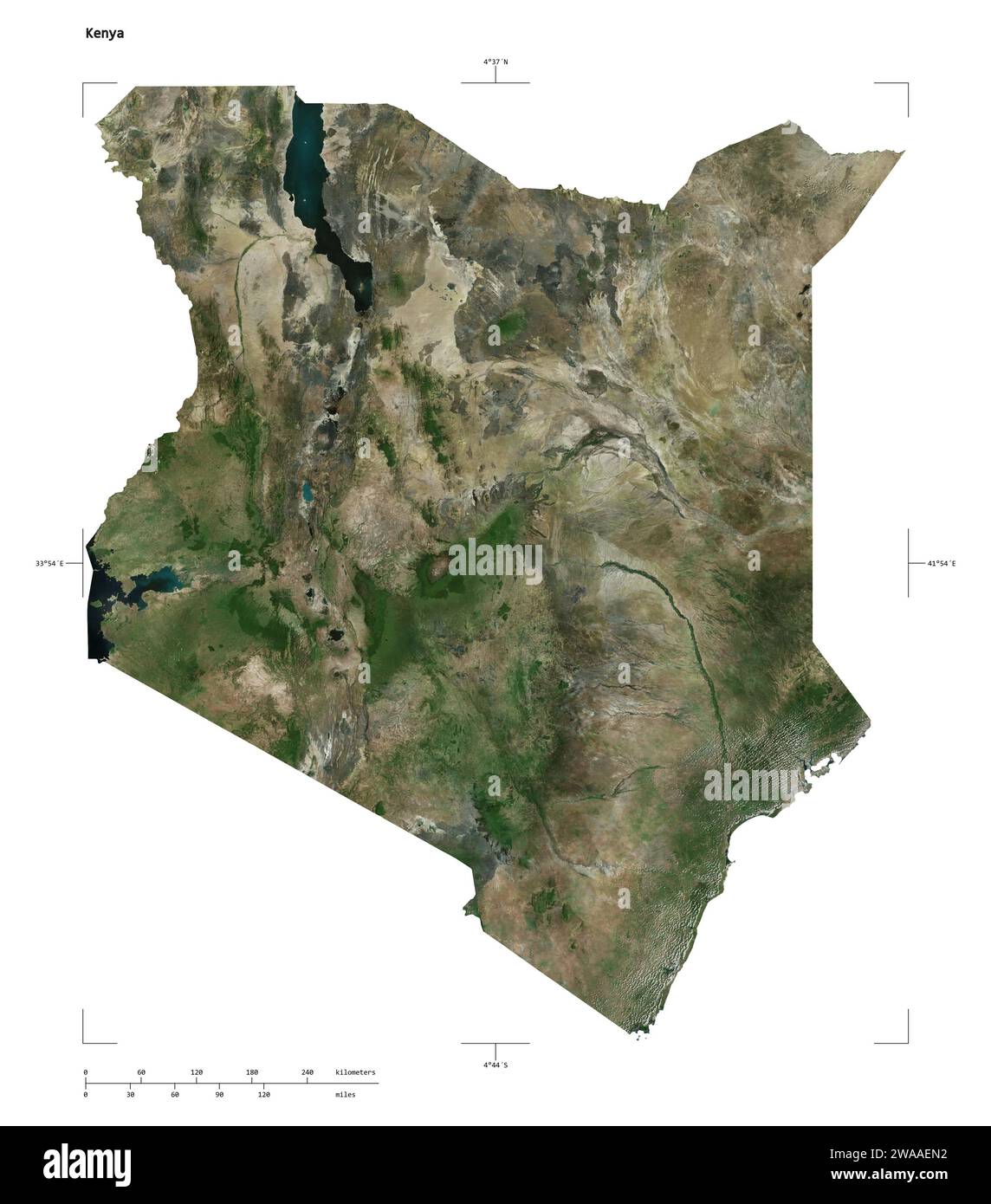 Shape of a high resolution satellite map of the Kenya, with distance ...