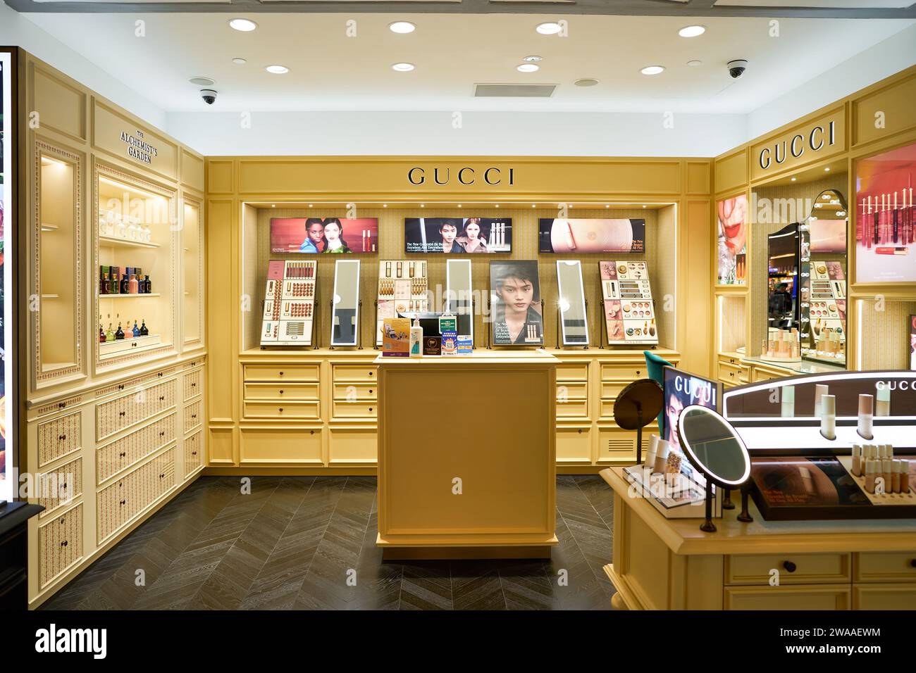 SINGAPORE - NOVEMBER 07, 2023: Gucci products on display as seen in duty free store inside Singapore Changi Airport. Stock Photo