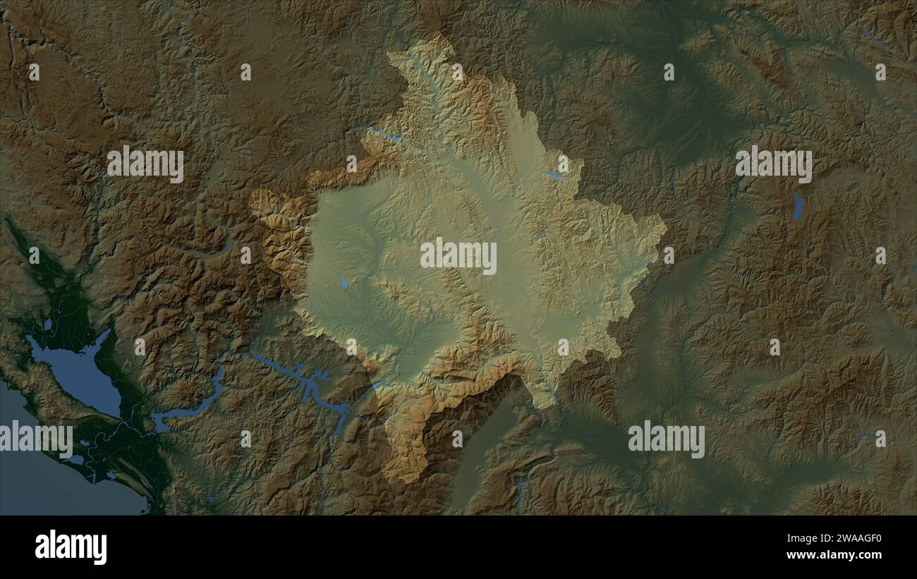 Kosovo highlighted on a Colored elevation map with lakes and rivers ...