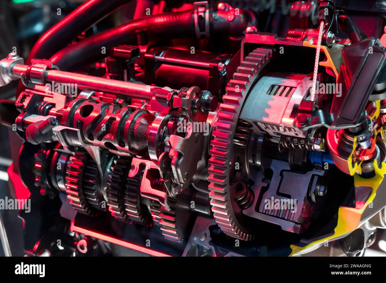 From above of automotive industrial part of modern motorbike red engine room Stock Photo
