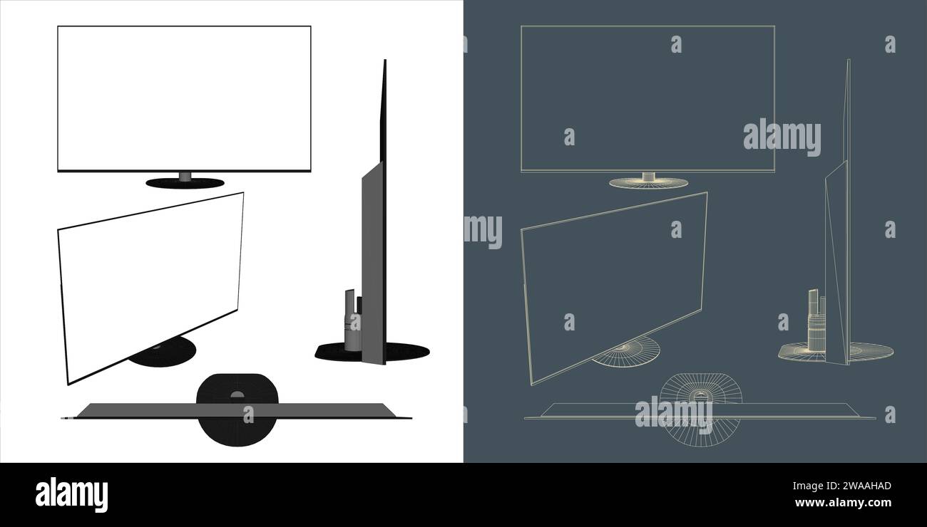 Computer monitor led wire frame blueprint concept for gaming and