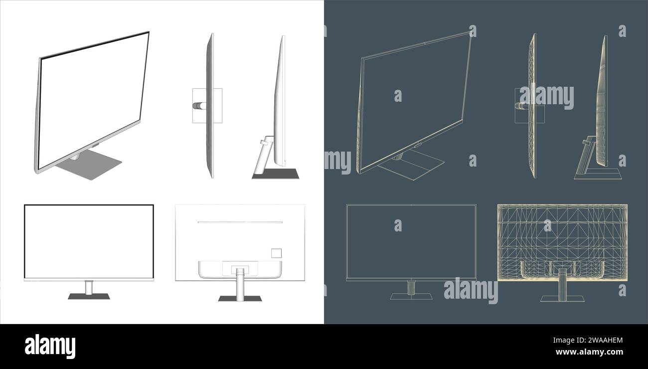 Computer monitor led wire frame blueprint concept for gaming and