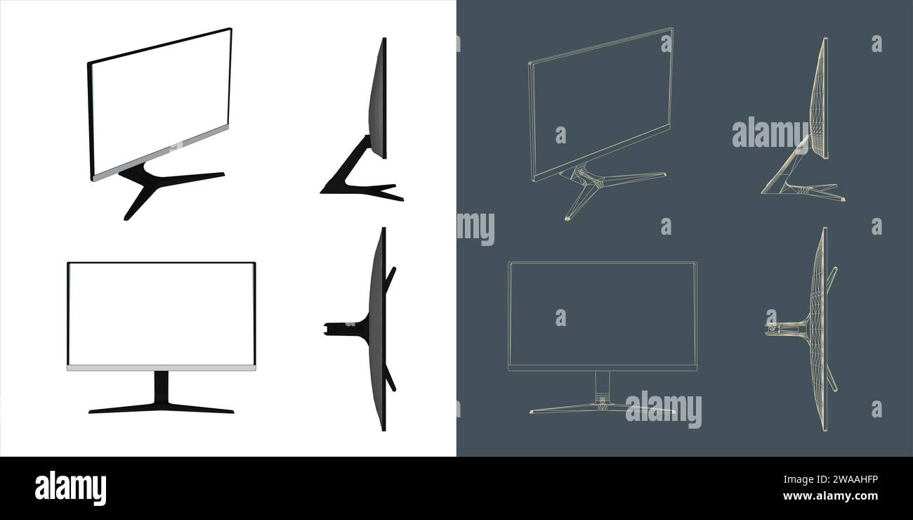 Computer monitor led wire frame blueprint concept for gaming and