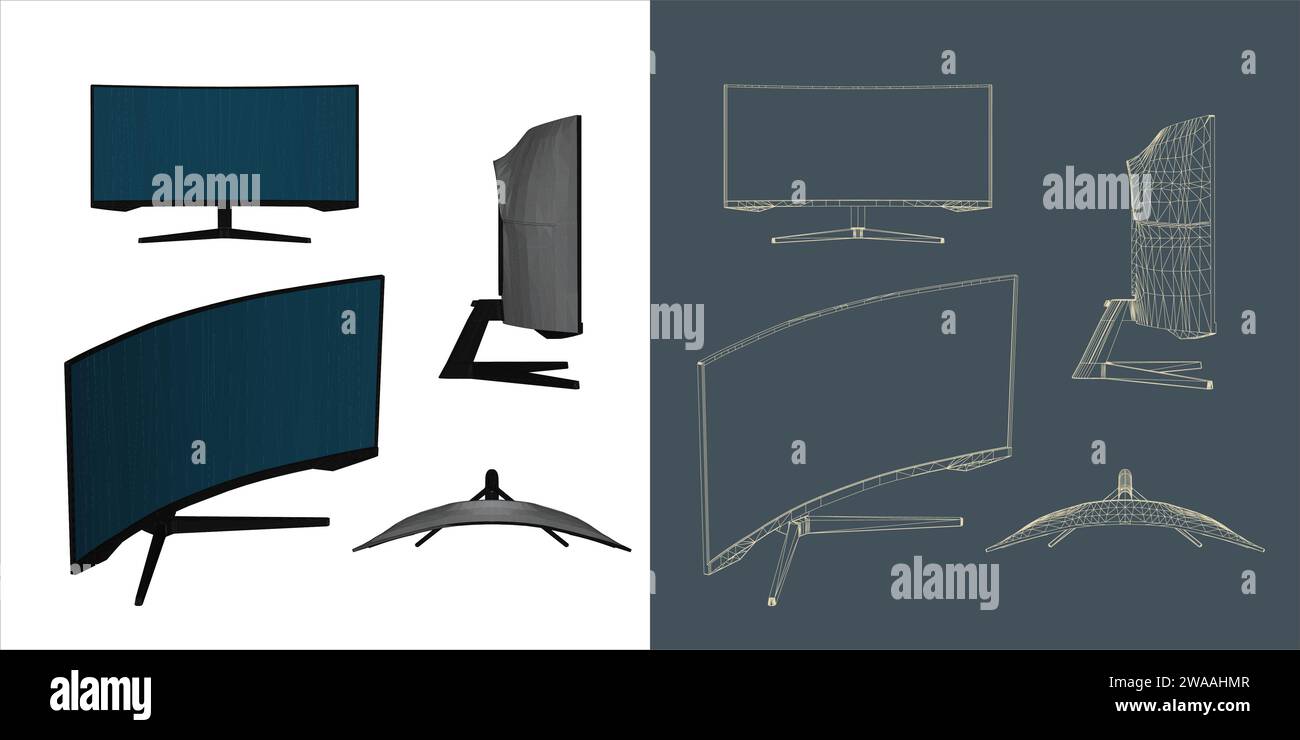 Computer monitor led wire frame blueprint concept for gaming and