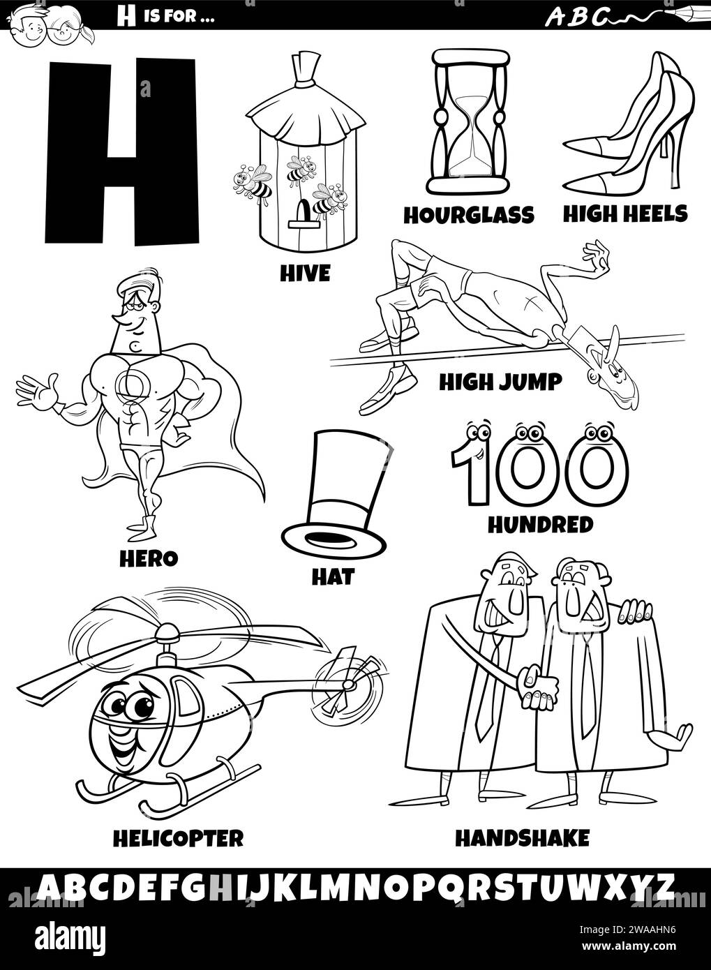 Cartoon illustration of objects and characters set for letter H