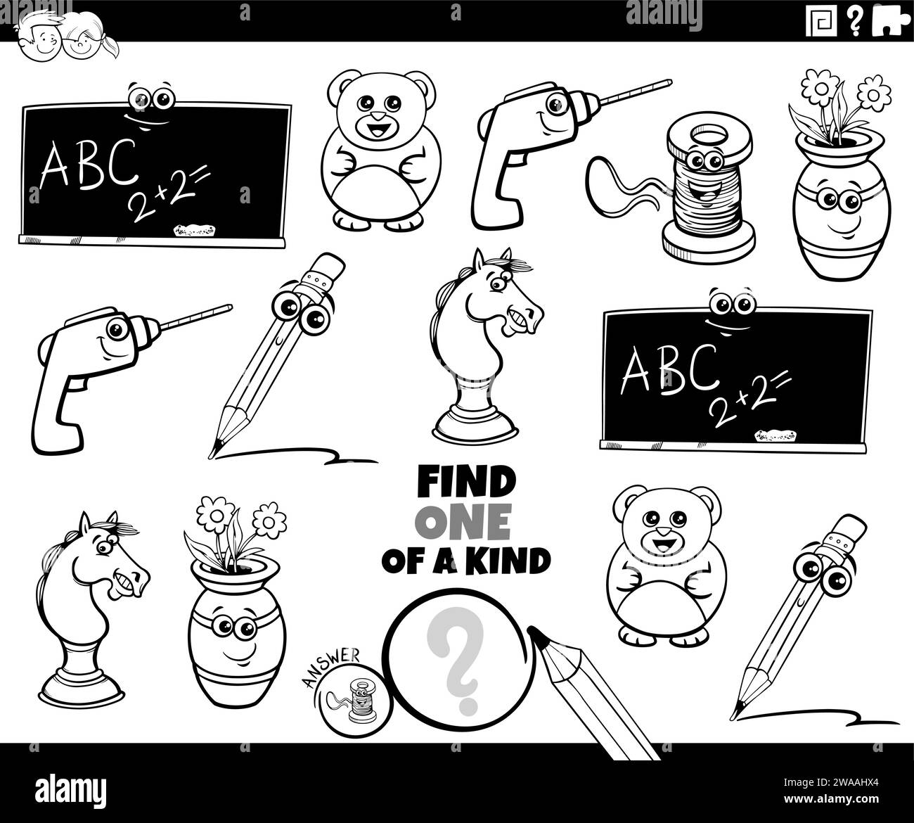 Cartoon illustration of find one of a kind picture educational game with objects characters coloring page Stock Vector