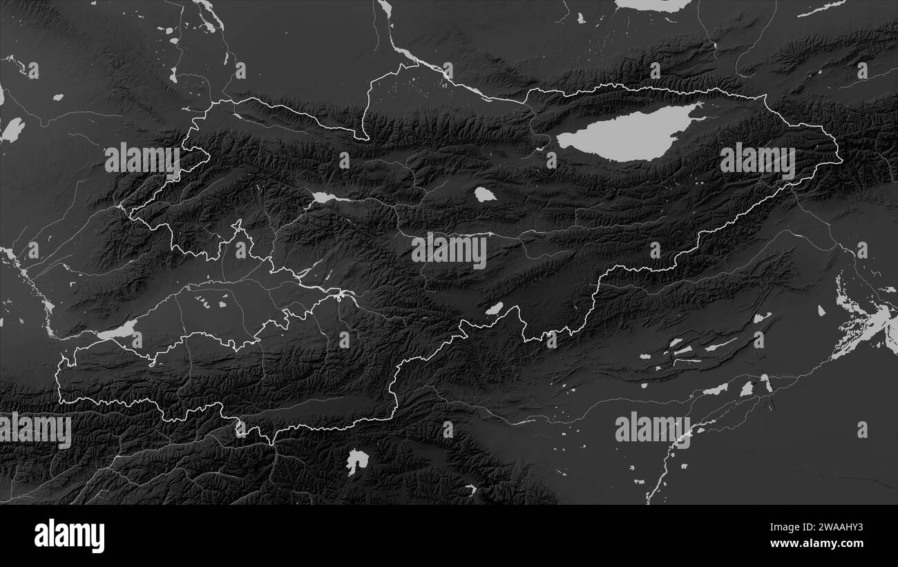 Kyrgyzstan outlined on a Grayscale elevation map with lakes and rivers Stock Photo