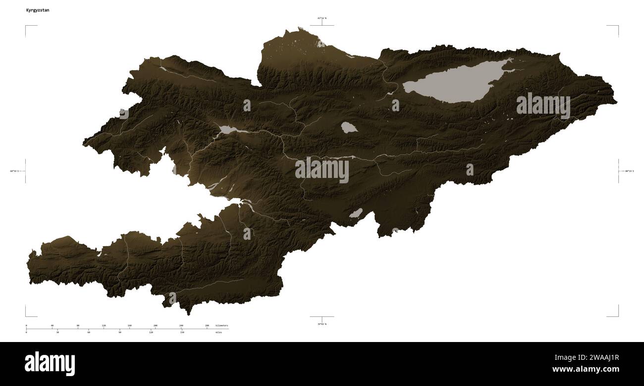 Kyrgyzstan map solid border sepia - Shape Of A Elevation Map Colored In Sepia Tones With Lakes And Rivers Of The Kyrgyzstan With Distance Scale And Map Border Coordinates Isolated On W 2WAAJ1R