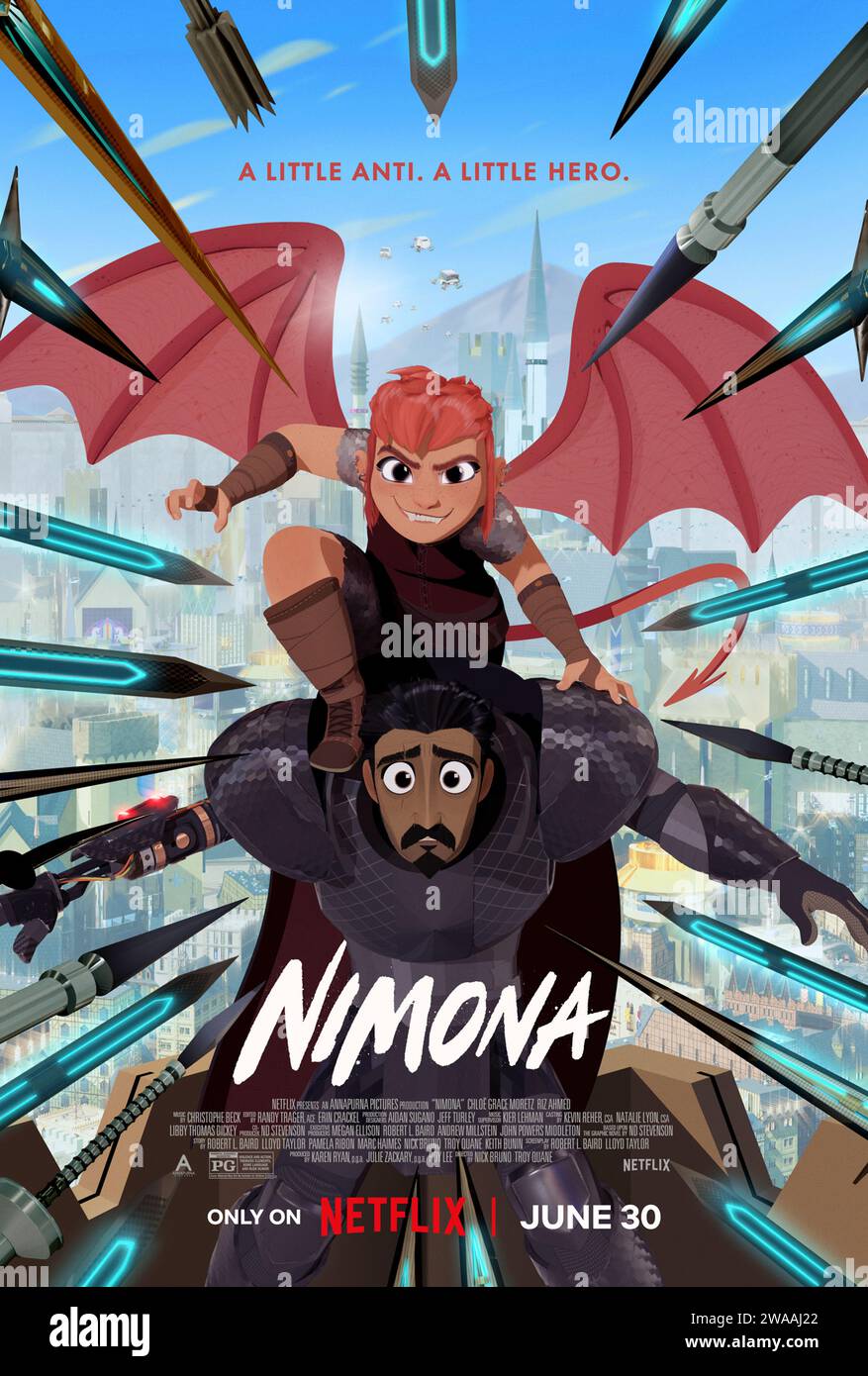 Nimona (2023) directed by Nick Bruno and Troy Quane and starring Chloë Grace Moretz, Riz Ahmed and Eugene Lee Yang. When a knight in a futuristic medieval world is framed for a crime he didn't commit, the only one who can help him prove his innocence is Nimona -- a mischievous teen who happens to be a shapeshifting creature he's sworn to destroy. US one sheet poster ***EDITORIAL USE ONLY***. Credit: BFA / Netflix Stock Photo