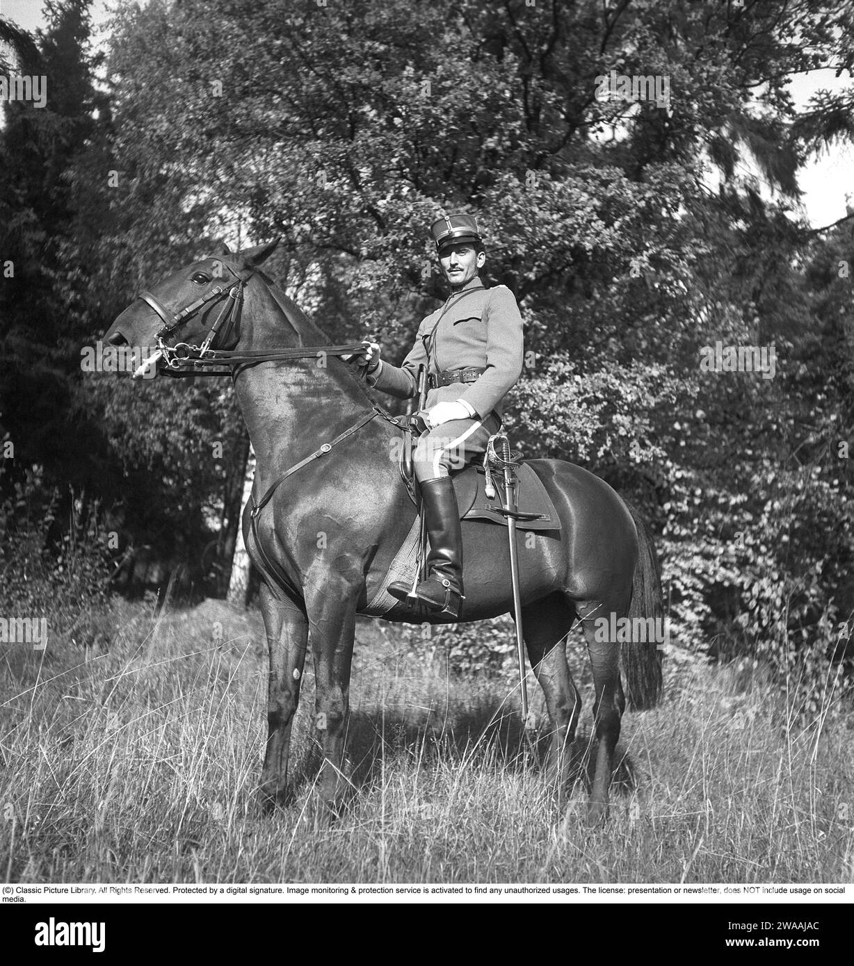 Swedish officer in the cavalry. At the time when the picture was taken, the Second World War was going on. Sweden mobilized soldiers and increased preparedness. On April 7, 1940, it was decided to start mobilizing the cavalry brigade. The main tasks of the cavalry are reconnaissance and rapid assault. In 1970 new acquisition of horses ceased.  Sweden in 1943. Kristoffersson ref F16-5 Stock Photo