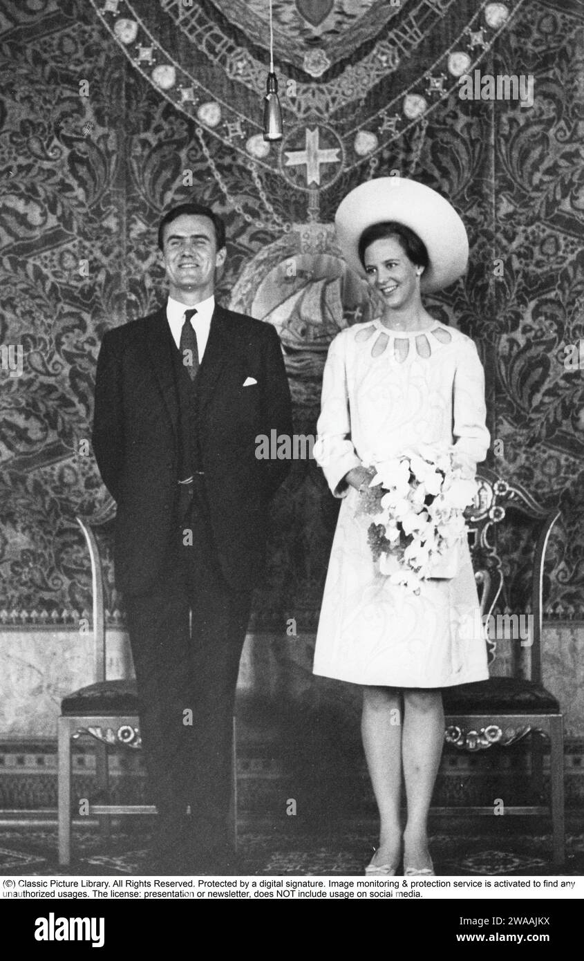 Margrethe II of Denmark. Pictured with Henri de Laborde de Monpezat at Fredensborg palace in Copenhagen in connection of their wedding on June 10 1967. Stock Photo