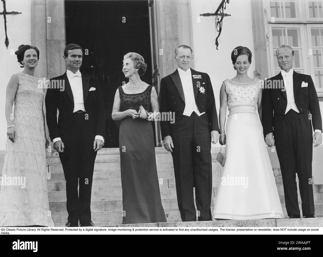 Margrethe II of Denmark. A picture taken in connection with the wedding on 10 June 1967 between Crown Princess Margrethe and Prince Henrik. On the far left, Crown Princess Margrethe and Henrik. Queen Ingrid and her husband King Frederik IX of Denmark. Margrethe's sister Princess Bendikte and Richard of Sayn-Wittgenstein-Berleburg. At this time Margrethe was crownprincess and heir to the throne, she became Queen of Denmark 15 january 1972. Stock Photo