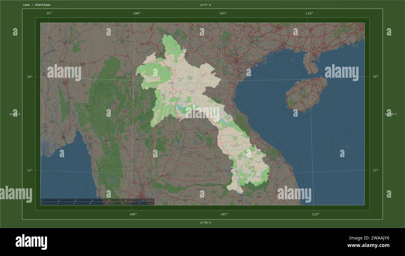 Laos highlighted on a topographic, OSM Germany style map map with the ...