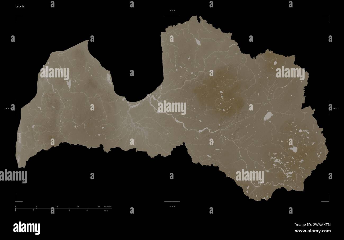 Latvia map zoom border sepia hi res - Shape Of A Elevation Map Colored In Sepia Tones With Lakes And Rivers Of The Latvia With Distance Scale And Map Border Coordinates Isolated On Black 2WAAKTN