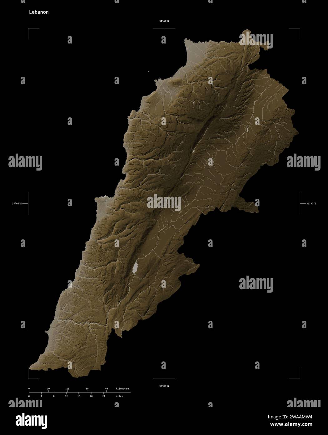 Lebanon map zoom border sepia hi res - Shape Of A Elevation Map Colored In Sepia Tones With Lakes And Rivers Of The Lebanon With Distance Scale And Map Border Coordinates Isolated On Blac 2WAAMW4